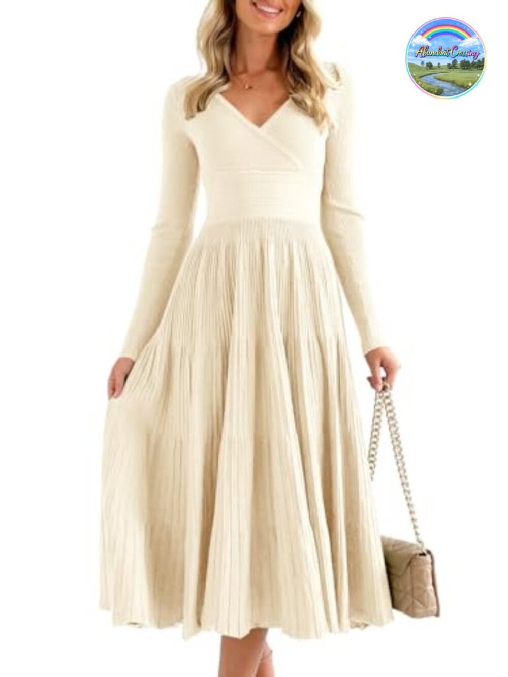 Saodimallsu Womens Long Sleeve Midi Sweater Dress V Neck Pleated A Line